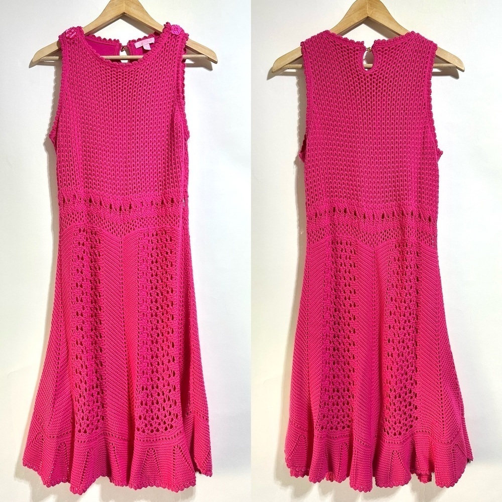 Lilly Pulitzer Azalea Molly Pink Ruffle Harbor Crochet Sweater Dress L